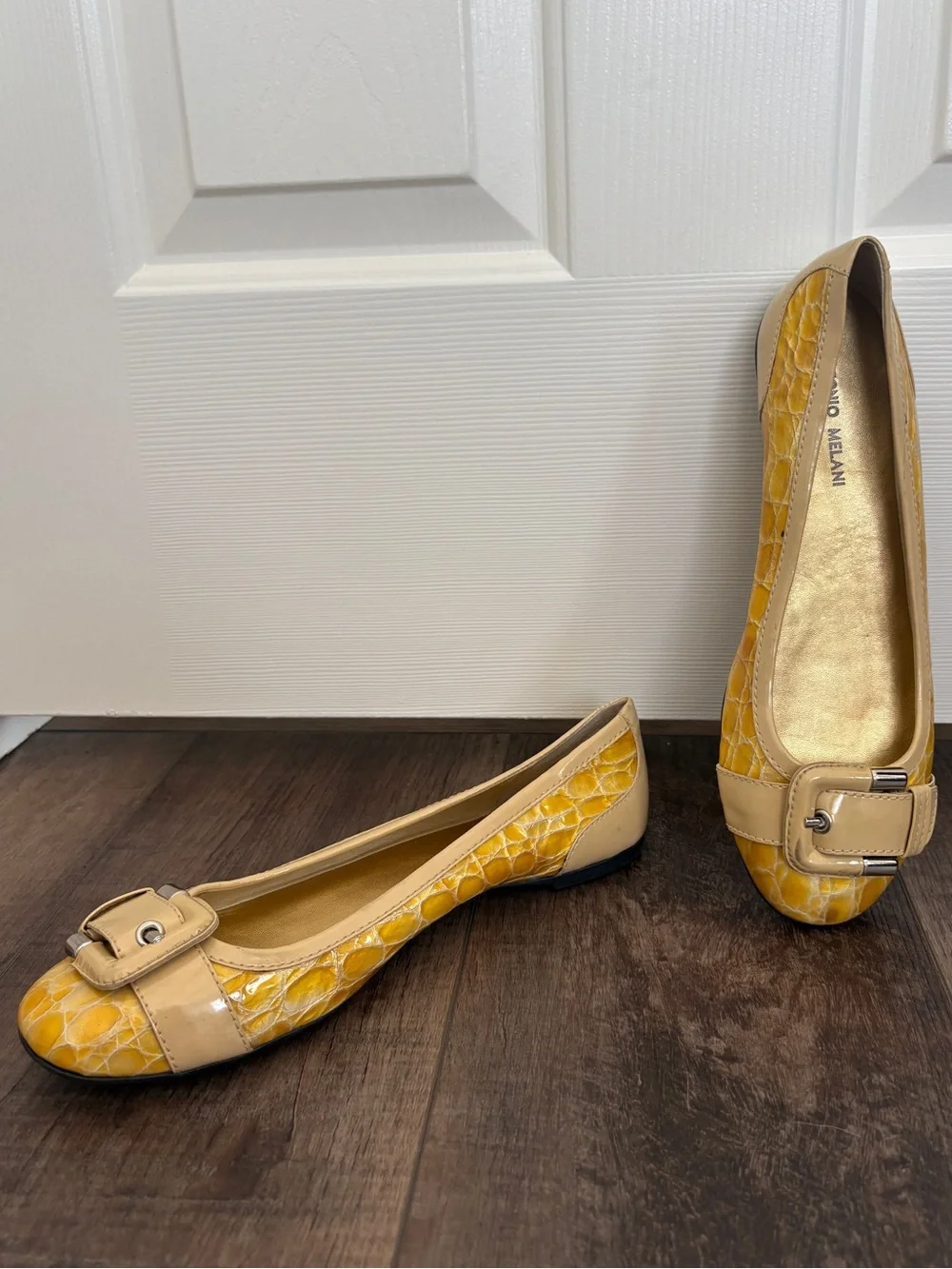 Antonio Melani Yellow Crocodile Leather Buckle Flats